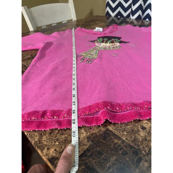 Quacker Factory pink V-neck Christmas sweater beaded and sequined snowman - Picture 10 of 10